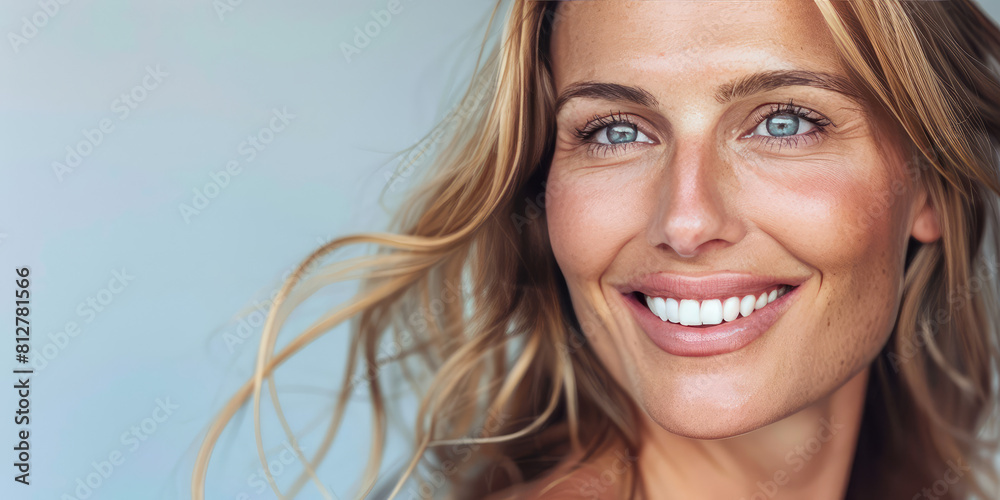 Portrait of Happy Smiling attractive mature woman on colored background with copy space, banner template. Portrait of Happy Smiling attractive mature woman on colored background with copy space, banner template.