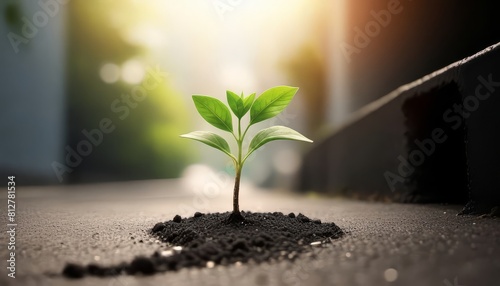 A small plant that grew from the soil and asphalt photo