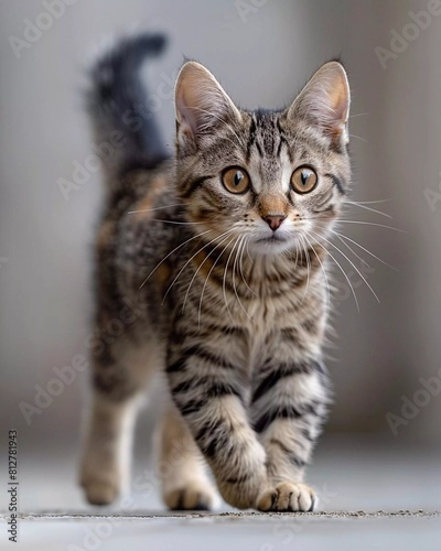 A cute tabby kitten is walking towards the camera with its tail held high. The kitten is looking at the camera with its big, round eyes.