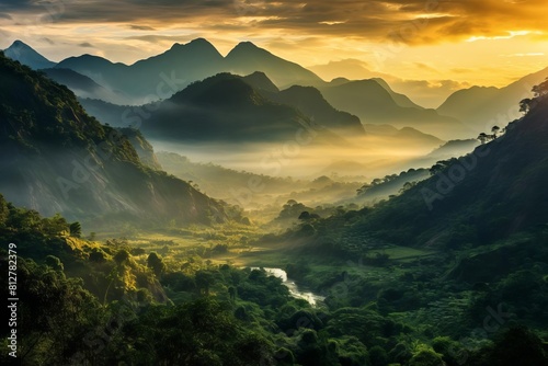 Thesun rises over the lush green mountains. The river flows through the valley. The air is misty and fresh. The birds are singing. The day is beginning.