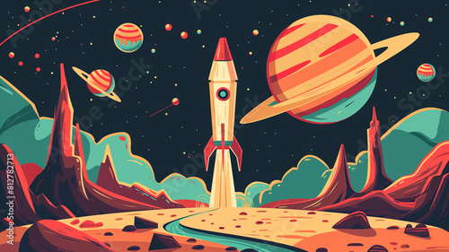 Flat vector illustration concept of space rocket ship startup on dark background of planet.Generative AI.