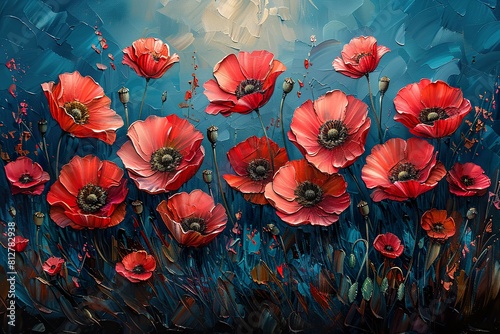 A painting featuring vibrant red poppy flowers set against a striking blue background 