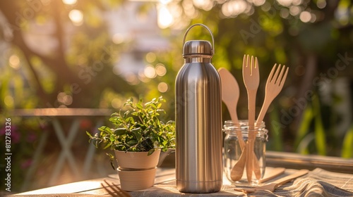 reusable stainless steel water bottle and eco-friendly bamboo utensils, emphasizing the importance of reducing single-use plastic waste for a greener planet. photo