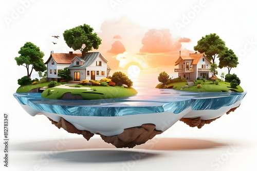 3d floating island and house in the air at evening time on white background