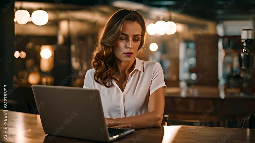 Woman Working on Laptop at Bar Generative AI Woman Working on Laptop at Bar Generative AI