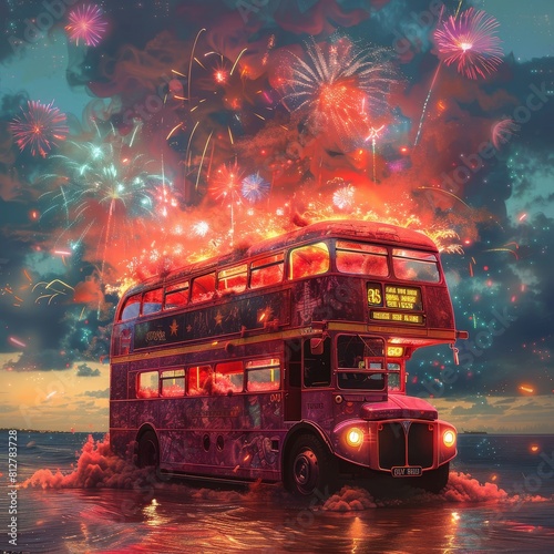 A doubledecker bus made of red smoke and colorful fireworks, set against the backdrop of an ocean with a glowing sky, in the style  photo