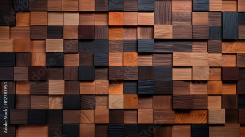 Geometric Pattern of Uneven Wooden Cubes Creates Abstract Wall Texture