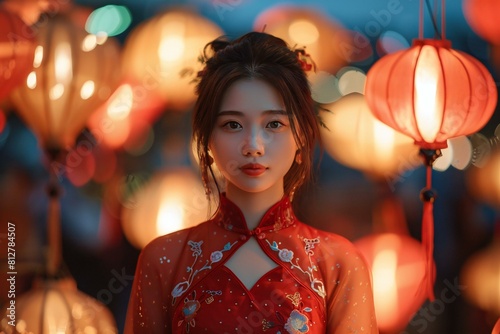 Featuring a chinese girl in an red dress standing in front of lit lanterns