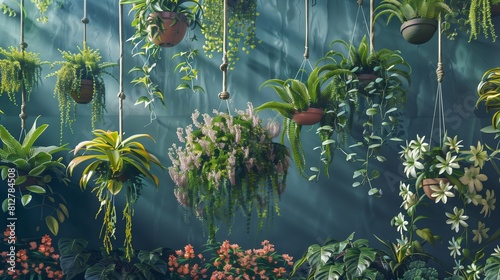 A collection of lush hanging plants adds a touch of nature and beautifies the space. photo