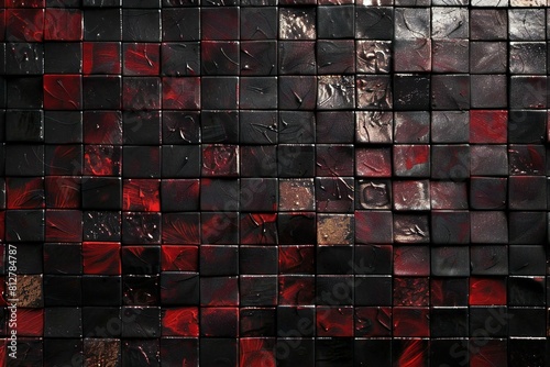 Red and black mosaic tiles wall texture background, High resolution photo