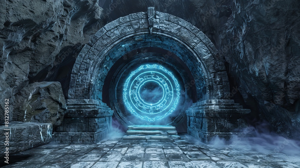 Fototapeta premium In an ancient temple a mysterious portal is built in stone arch with magical symbols. 3D illustration of an alien world in an ancient temple. Render of a fantasy scene in 3D.