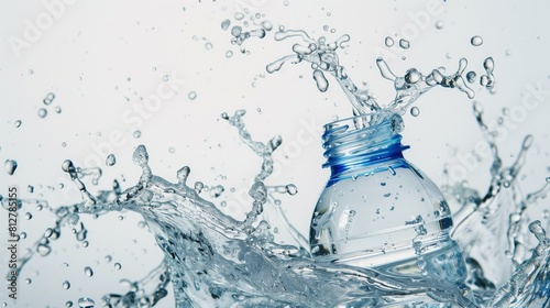 a refreshing splash of water frozen in time, captured mid-air as a water bottle is tipped over, isolated against a clean white background, symbolizing hydration on the go