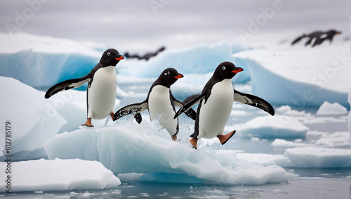 Three Adelie penguins are walking on ice in Antarctica
