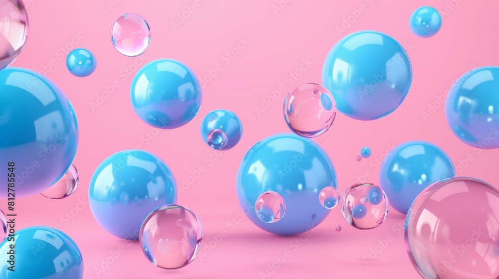 Spheres, torus, tubes, cones in metallic blue and pink colors. Abstract theme for trendy designs.