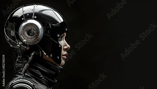 Exhibit a stylish female cyborg, fashionforward with chrome features, positioned against a black background with ample space for copy photo