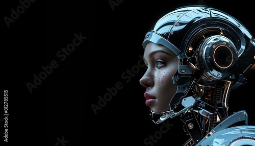 Exhibit a stylish female cyborg, fashionforward with chrome features, positioned against a black background with ample space for copy photo