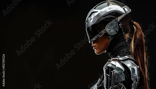 Exhibit a stylish female cyborg, fashionforward with chrome features, positioned against a black background with ample space for copy