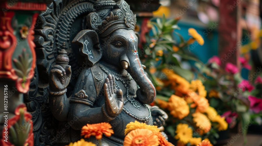A beautifully carved statue of Lord Ganesha in a serene pose, adorned with vibrant flowers