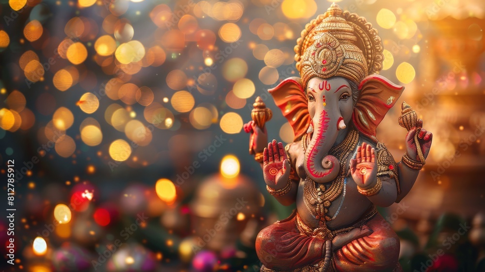 Painted clay idol of Ganesha set against a festive background, ready for Ganesh Chaturthi celebrations Painted clay idol of Ganesha set against a festive background, ready for Ganesh Chaturthi celebrations