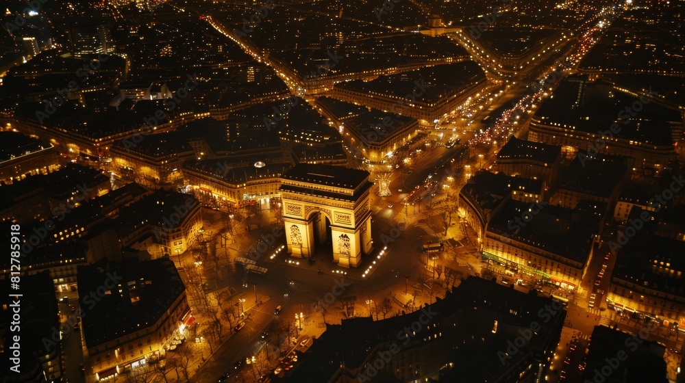 Obraz premium Fictional drone view of Arc de Triomphe in Paris for the upcoming olympic games 2024