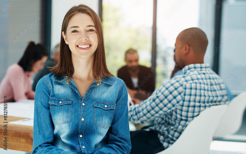 Fototapeta premium Meeting, portrait and woman with business people in office for teamwork, collaboration and planning. Coaching, training and happy intern at startup company for learning, opportunity or career growth
