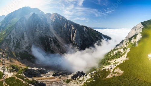 illustration of an imaginary world panorama of a tall rocky mountain covered in white smoke under the mountain flowing generate ai photo