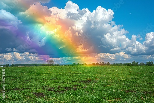 Rainbow over green meadow and blue sky with clouds, nature series #812786555