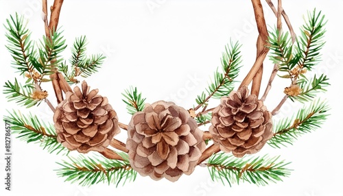 watercolor twig frame wreath with pine cones