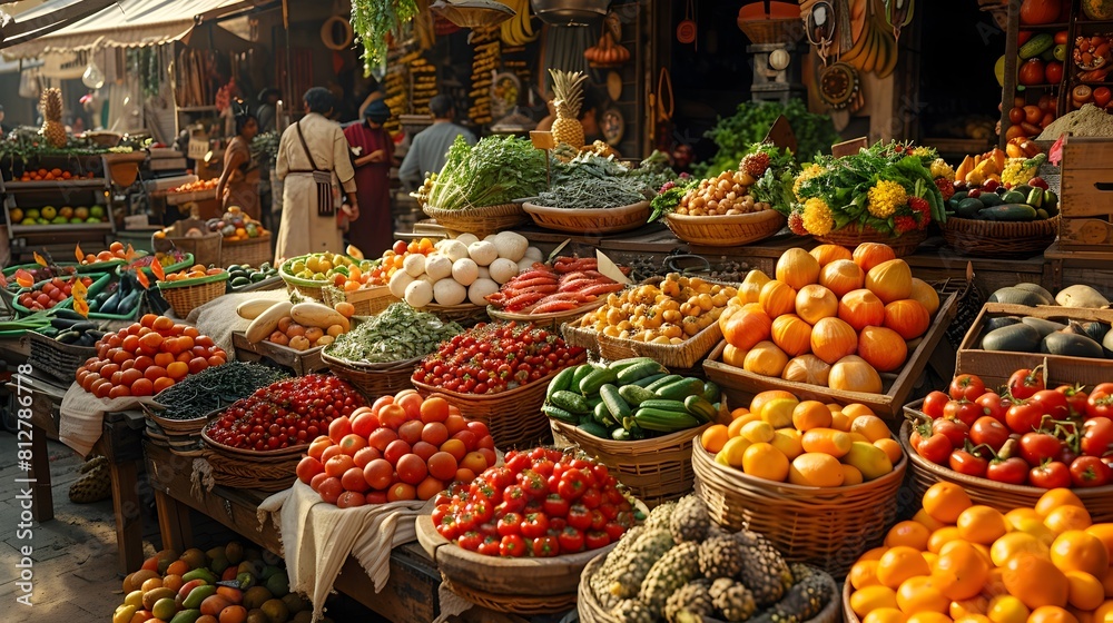Vibrant Open-Air Marketplace Showcasing an Abundance of Fresh Seasonal Produce and Colorful Displays