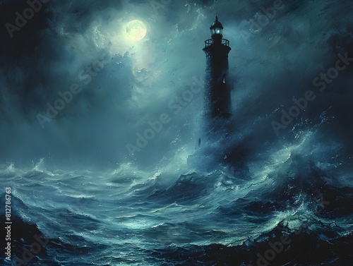 Lone Lighthouse Braving the Stormy Seas under Ominous Moonlight