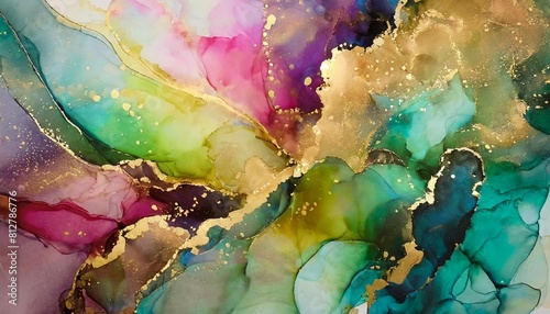 abstract alcohol ink painting texture in colorful tones with golden splashes
