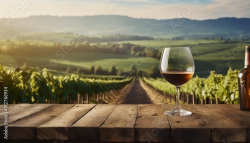 an empty wooden tabletop features a glass of wine set against the blurred backdrop of a vineyard landscape ready for product display or montage this represents the concept of winery agriculture ai photo