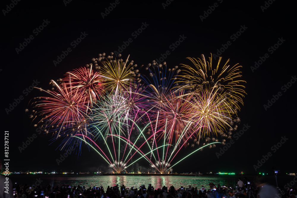 PATTAYA, CHONBURI, THAILAND, Fireworks at Pattaya bay, Pattaya national Fireworks Festival contest, November of every Year, Beautiful of bright light fireworks Show in middle sea, for postcard PATTAYA, CHONBURI, THAILAND, Fireworks at Pattaya bay, Pattaya national Fireworks Festival contest, November of every Year, Beautiful of bright light fireworks Show in middle sea, for postcard
