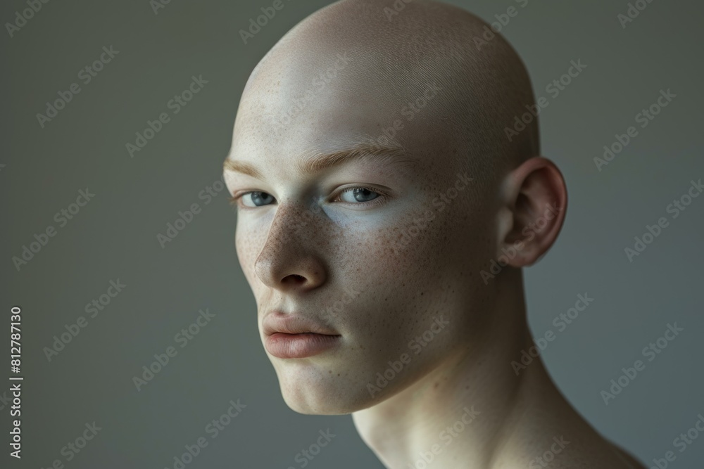 Closeup portrait of a calm bald individual with freckles in soft lighting