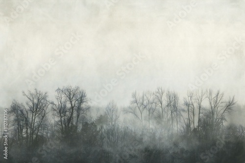 Foggy winter landscape with trees in the foreground, copy space