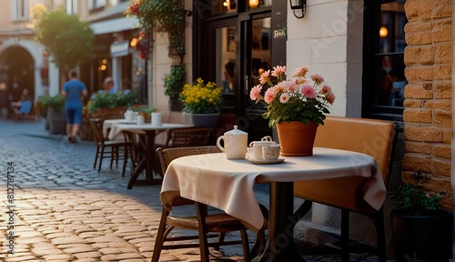 Coffee Shop Exterior Cafe Cute Wooden Table  Beautiful Flower Vase  Nestled within a Charming Vintage Building