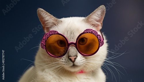 gato blanco con gafas de sol rosas y fondo azul generative ai photo