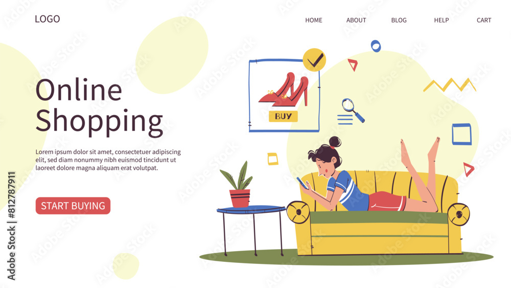 Online shopping landing page or web design in a hand-drawn, minimalist, flat design model. Online shopping landing page or web design in a hand-drawn, minimalist, flat design model.
