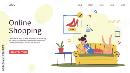 Online shopping landing page or web design in a hand-drawn  minimalist  flat design model.