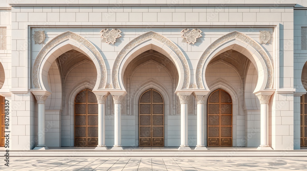 A white building with arches and pillars stands tall in an architectural abstract scene