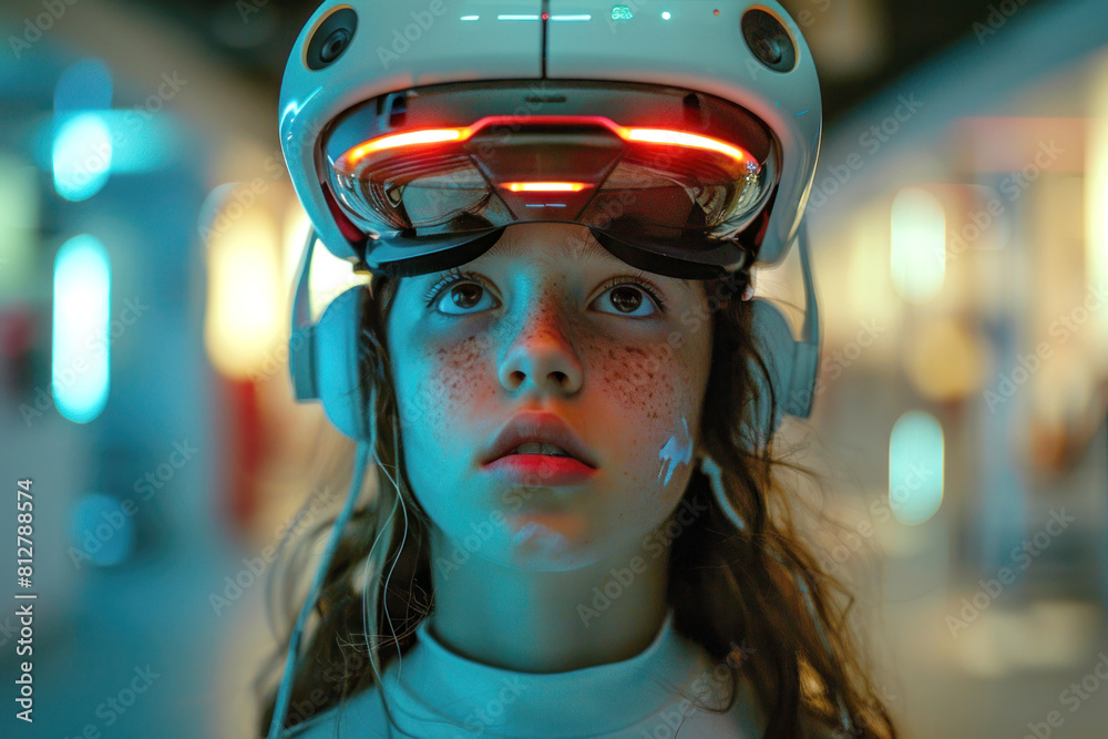 Digital Dive: Tech-Savvy Teenager Immersed in Virtual Reality in Spacious Room