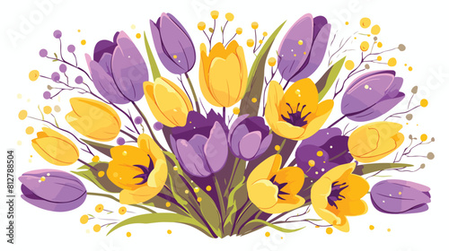 Bouquet of purple and yellow hand drawn tulips sket #812788504