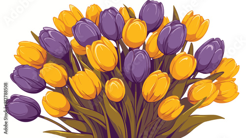 Bouquet of purple and yellow hand drawn tulips sket #812788508