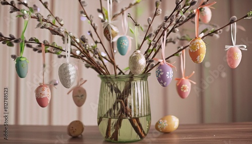 tree branches decorated with easter eggs in a vase in light colors