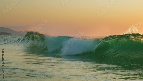 green blue ocean splashing wave in front of orange sunset sky background © Reagan