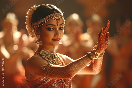 Elegance in Motion: Traditional Indian Classical Dance Performance in Ornate Costume photo