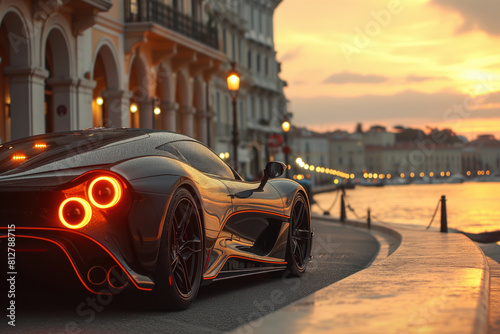 Futuristic sports super concept car on the street of a European city, street racing on expensive exclusive luxury auto