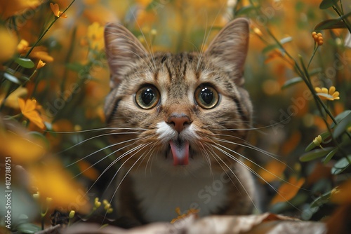 Cute tabby cat sticking out tongue in the grass and flowers