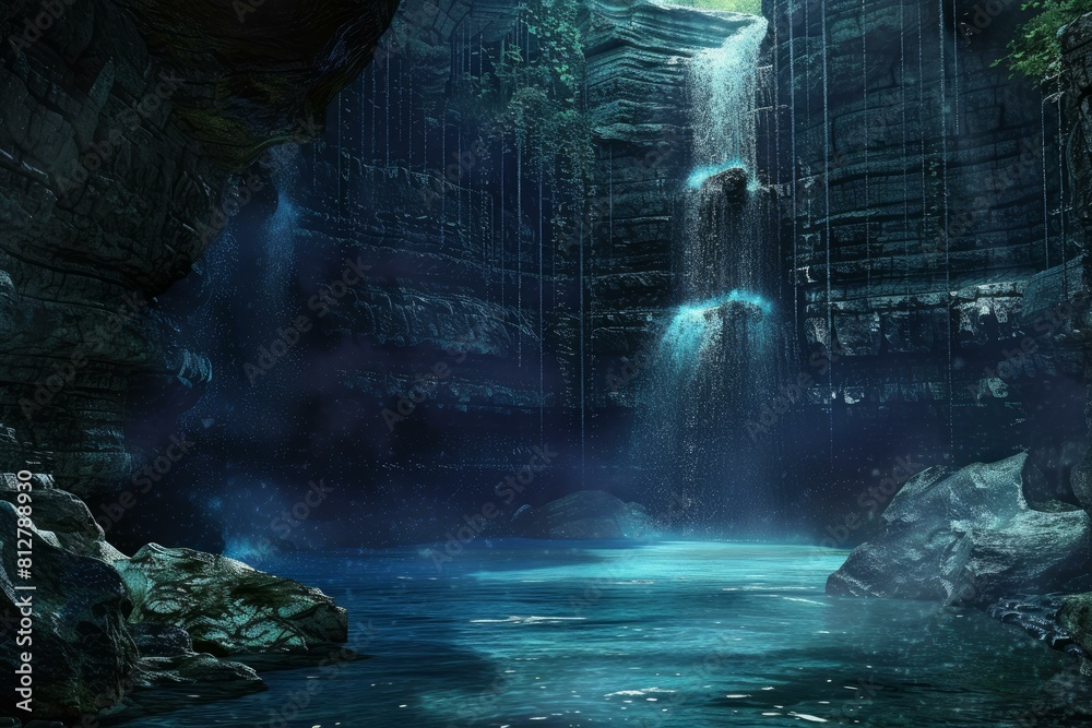 Mystical night scene of a serene waterfall cascading into a tranquil pool within a moonlit cave