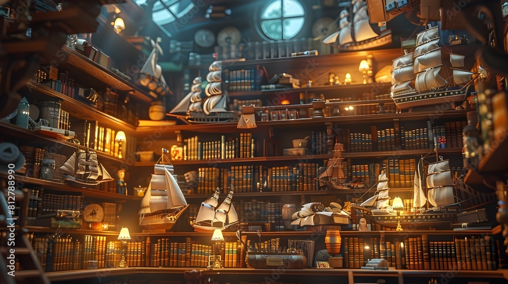 Enchanting Antique Library with Ornate Shelves and Fantastical Book Collection